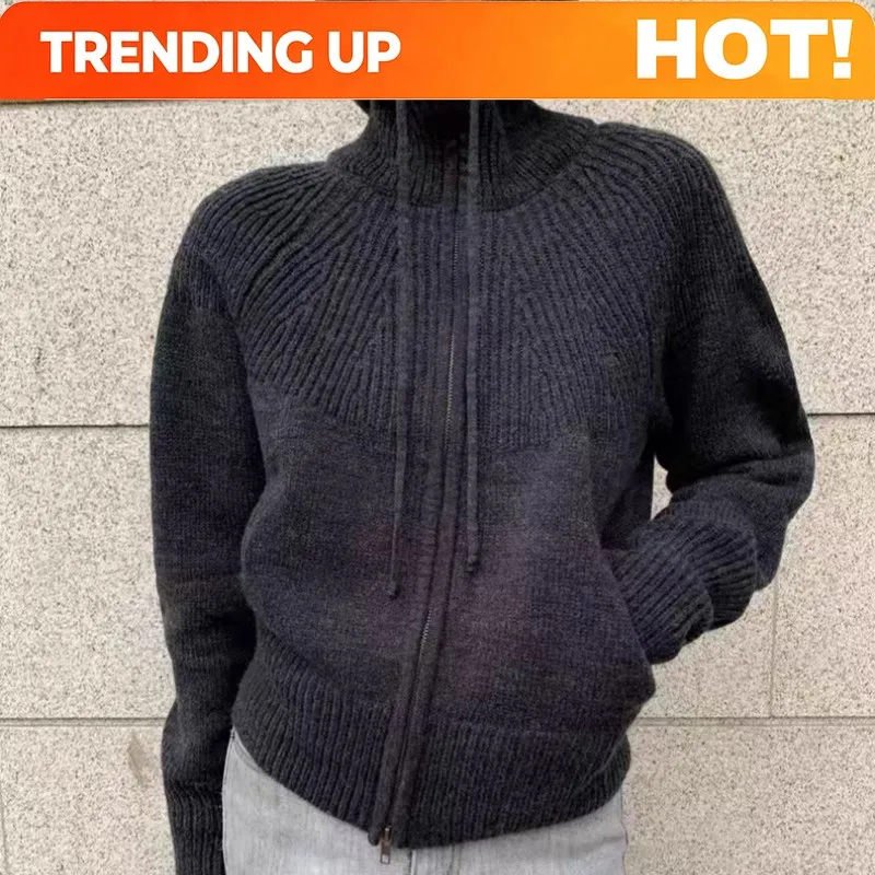 Customization High-end Double Zipper Hooded 100% Cashmere Knitted Cardigan Women's Sweater Loose Hooded Sweater For Autumn Winte