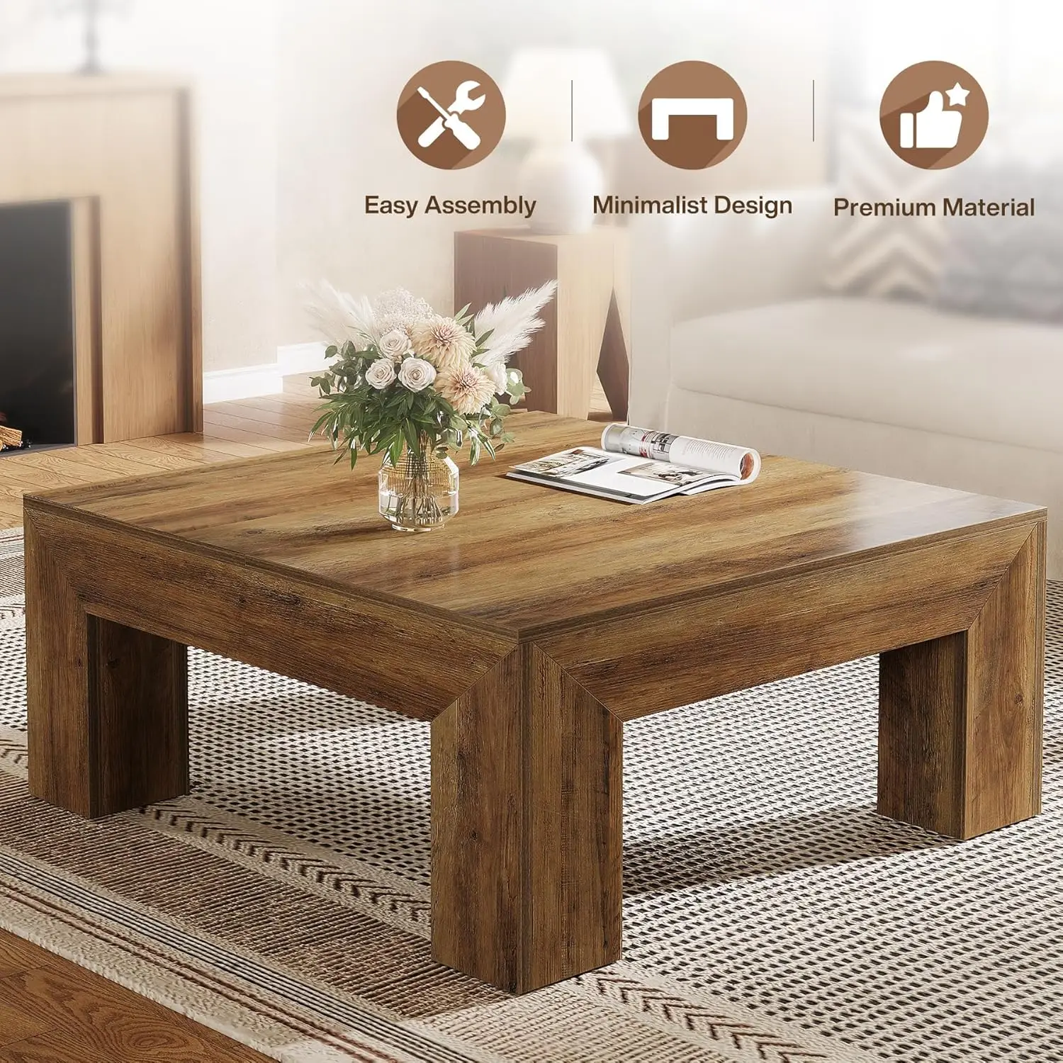 CoffeeTable Rustic Brown - Farmhouse All MDF Accent Center Cocktail Table with Sturdy Wooden Legs, Easy Assembly for Living Room