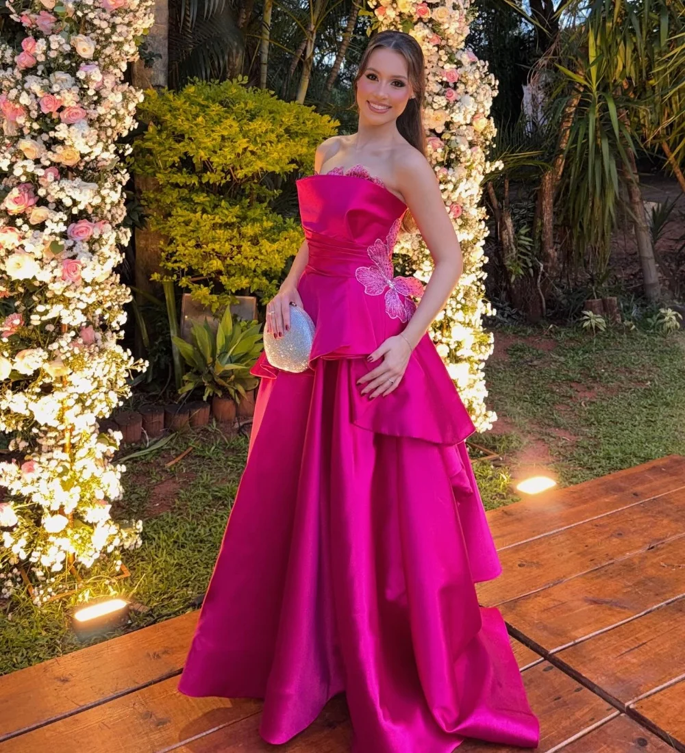 

Customized Hot Pink Pleat Ruched Tiered Handmade Flower Rhinestone A-line Strapless Floor-Length For Wedding Party Retro