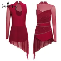 Vestido de baile lírico de un hombro para mujer, traje de actuación de patinaje artístico, dobladillo asimétrico brillante, leotardo de gimnasia, Ropa de baile