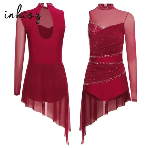 Vestido de baile lírico de un hombro para mujer, traje de actuación de patinaje artístico, dobladillo asimétrico brillante, leotardo de gimnasia, Ropa de baile