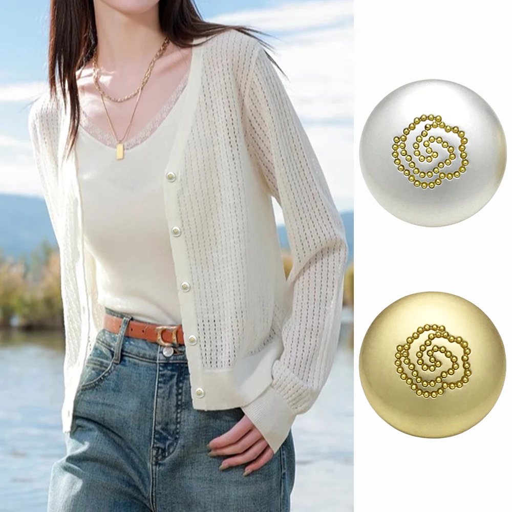

10pcs Minimalist Rose Pattern Metal Buttons for Shirts/Suits, 12/15/20mm, Gold/White, Elegant Decorative Round Sewing Buttons