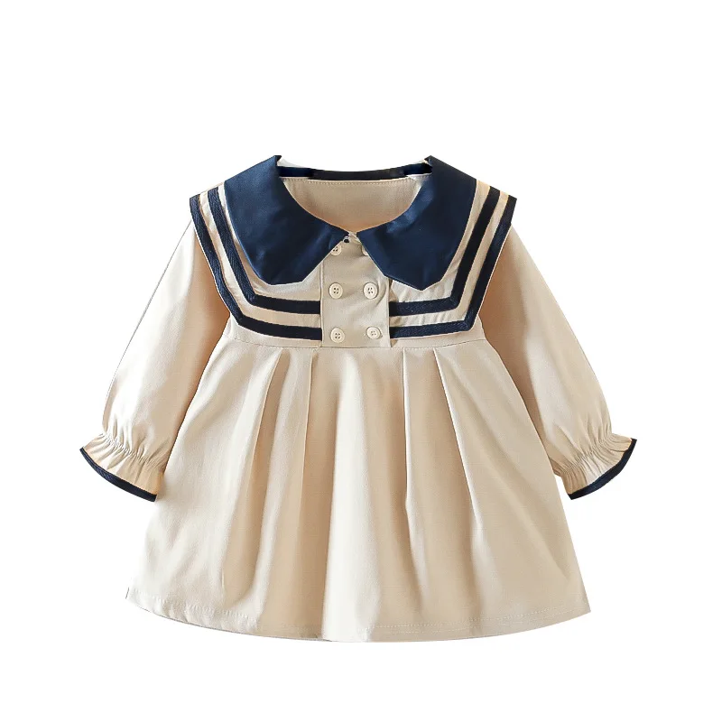 Spring Summer Girls Dress British Style Navy Collar Little Cute Long-Sleeved Student School Dress Baby Kids Children's Clothing