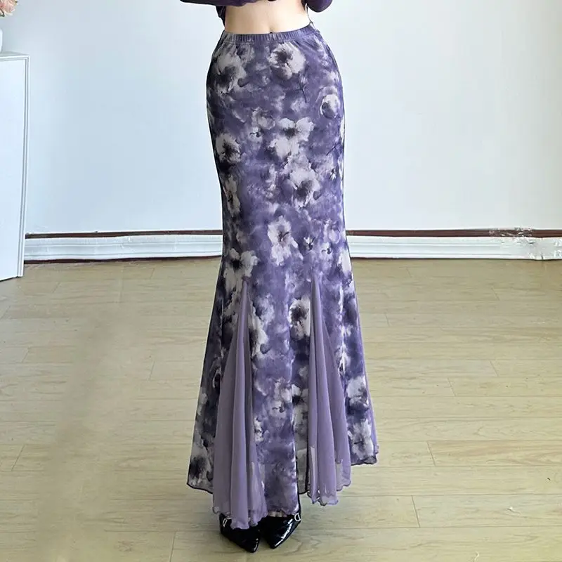 

Large size women's vacation style retro flower print purple tail skirt slim-fitting sexy mesh Slight Strech