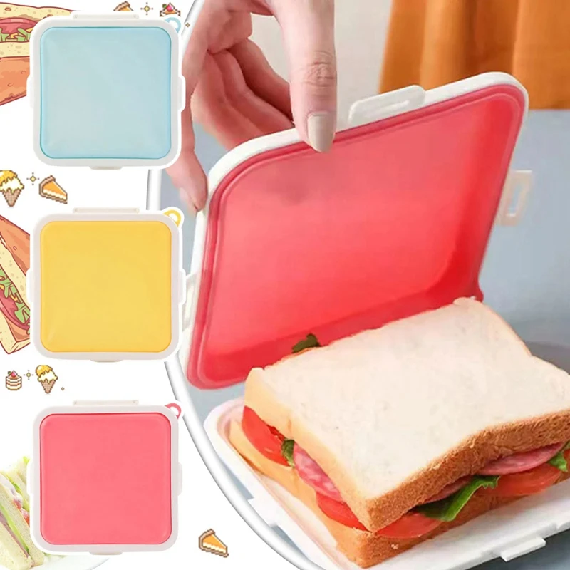 Portable Silicone Microwave Sandwich Storage Box Lunch Boxes Snack Containers For School Blue