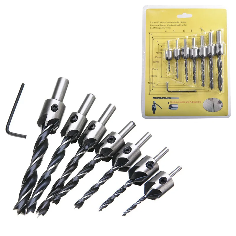 4-6pc Three Pointed Woodworking Counterbore Drill 3-10mm Reaming Drill Screw Chamfering Drill Bit Hole Opener Tool Set