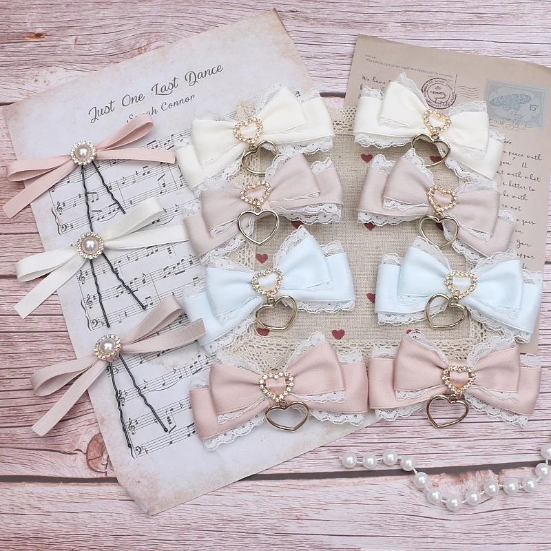 Женственные заколки для волос в стиле Лолиты, пара аксессуаров для волос, милый бант, лента, корейский декор для волос в стиле джирай, боковые заколки для девочек и женщин, заколки для волос
