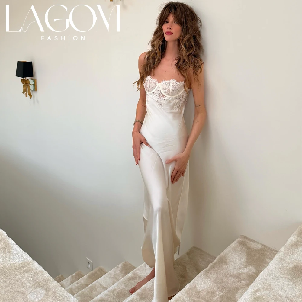 Lagom Elegant White Exquisite Sweetheart Lace Slip Wedding Dress Sexy Spaghetti Strap Ankle-Length Vestido de novia Customized