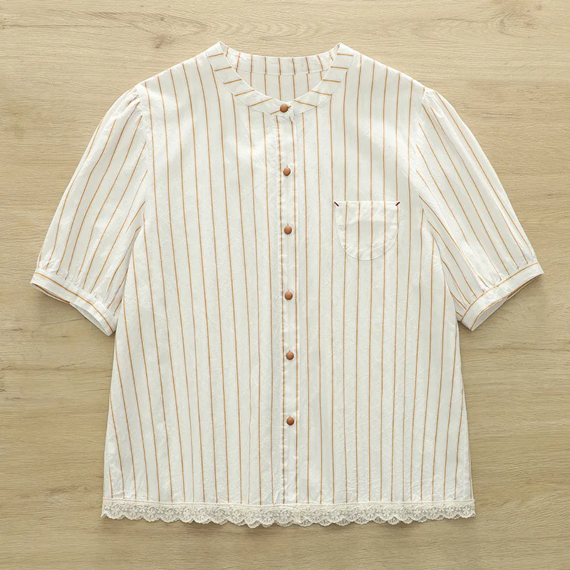 ใหม่2025ฤดูร้อนผ้าฝ้ายแขนสั้นเสื้อผู้หญิงยืนลายลูกไม้Patchwork, MoriสาวหวานOLเดินทางเสื้อหลวมT54014CC