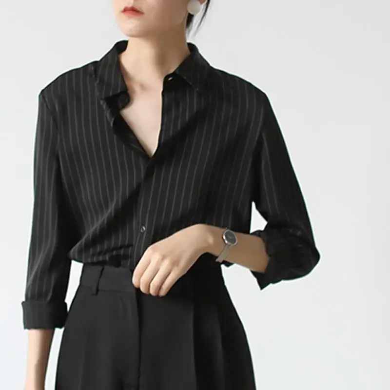 Chemise noire rayée à manches longues et col polo pour femmes, chemisier décontracté, haut à la mode, vêtements vintage, printemps, automne, nouveau