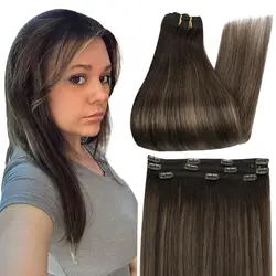 YoungSee Lace Clip Hair Balayage Human Hair Extensions Natural Clip Hair Real Human Hair 3Pcs 12-20Inches Remy Hair