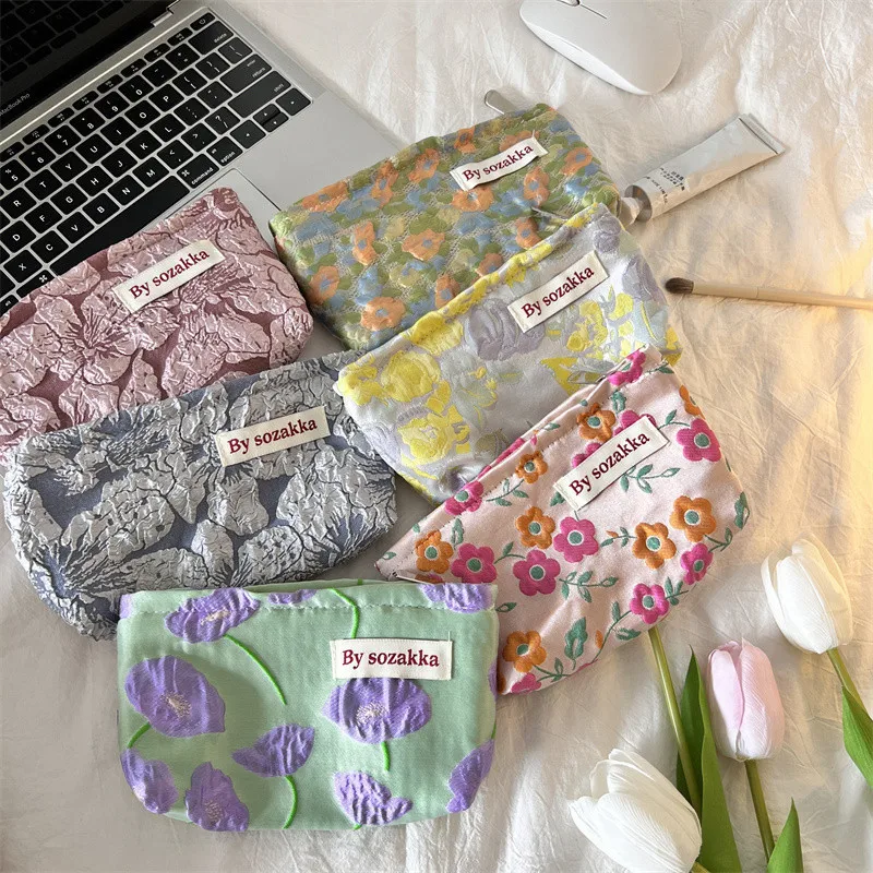 Ins Fashion Sweet Clutch Storage Bag Daily Portable Jacquard Floral Makeup Bag Cosmetic Bag Pen Pencil Bag Stationery Organizer