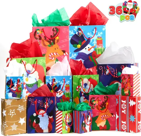 36 Sacolas de Natal com Papel de Seda e Etiqueta, Conjunto de Tamanhos Variados para Embalar Presentes de Natal, Decoração de Presentes de Ação de Graças, Embalagem de Presentes, Salas de Aula, Lembrancinhas de Festa
