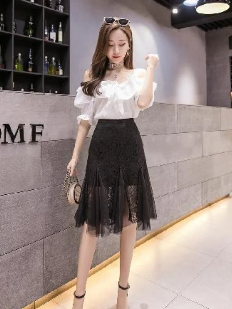

Lace Female Skirts Black Patchwork Tulle Women's Skirt Midi Mesh High Waist Vintage Clothing Sales Y2k New in Luxury Elegant V