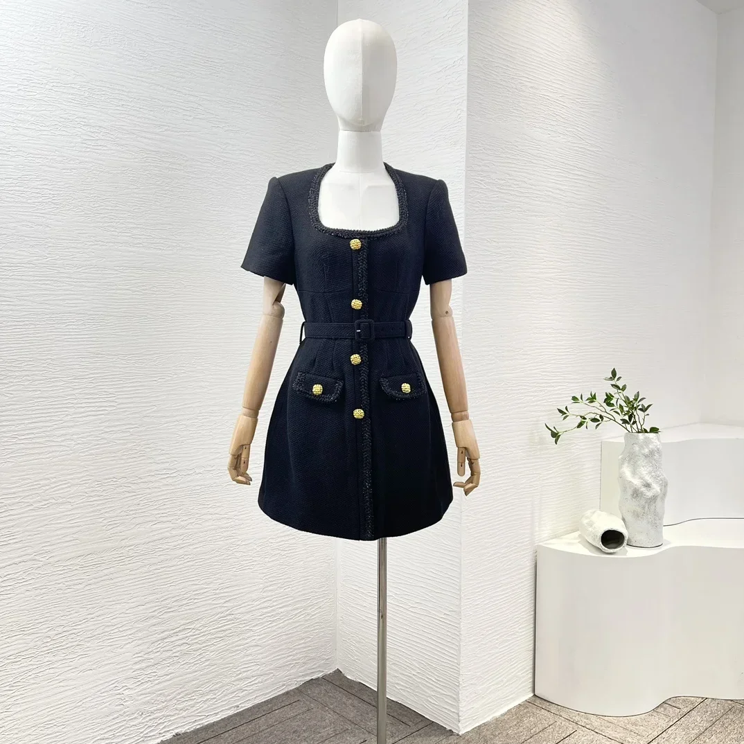 

2024 New High Quality Classic Black Wool Square Neck Waisted Short Sleeve Belted Women Mini Dress