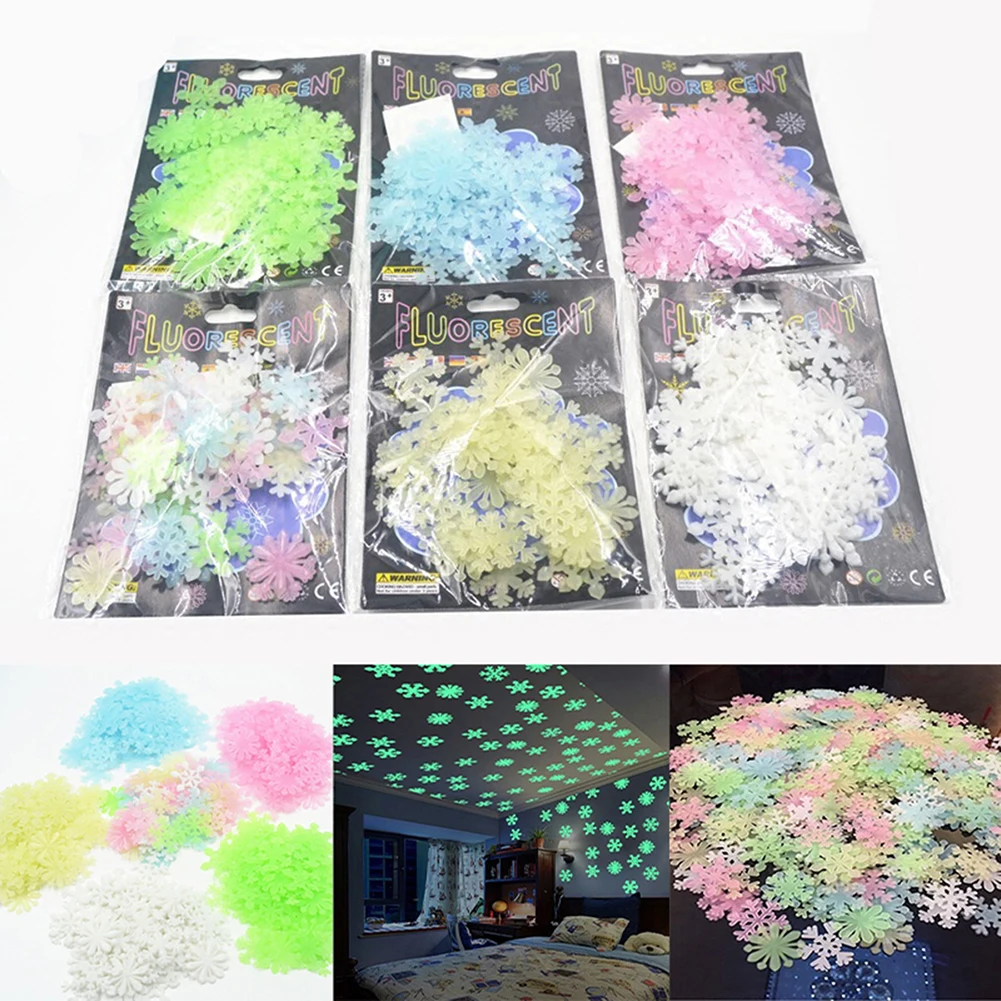 50pcs Snowflake Glow Stickers Luminous In Dark Night Fluorescent Wall Art 3D Home Decals For Kids Room Ceiling Switch Decoration