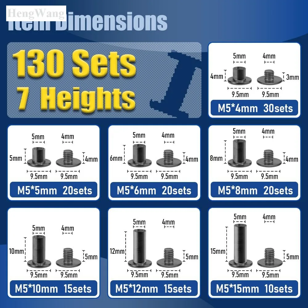 130pcs M4 M5 Carbon Steel Black Chicago Screws Nail Rivet Studs for Leather Bag Photo Album Binding and Assembling