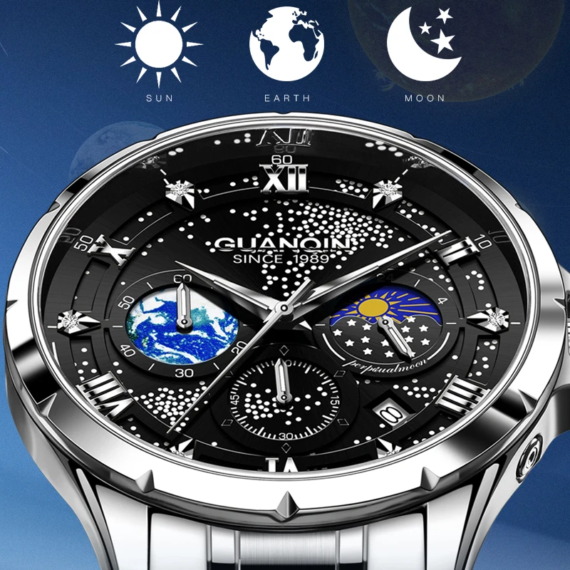 GUANQIN Luxury Men Quartz Watch Star Series Stainless Steel Alloy Case Date Business Leisure 30M Waterproof Luminous Wristwatch