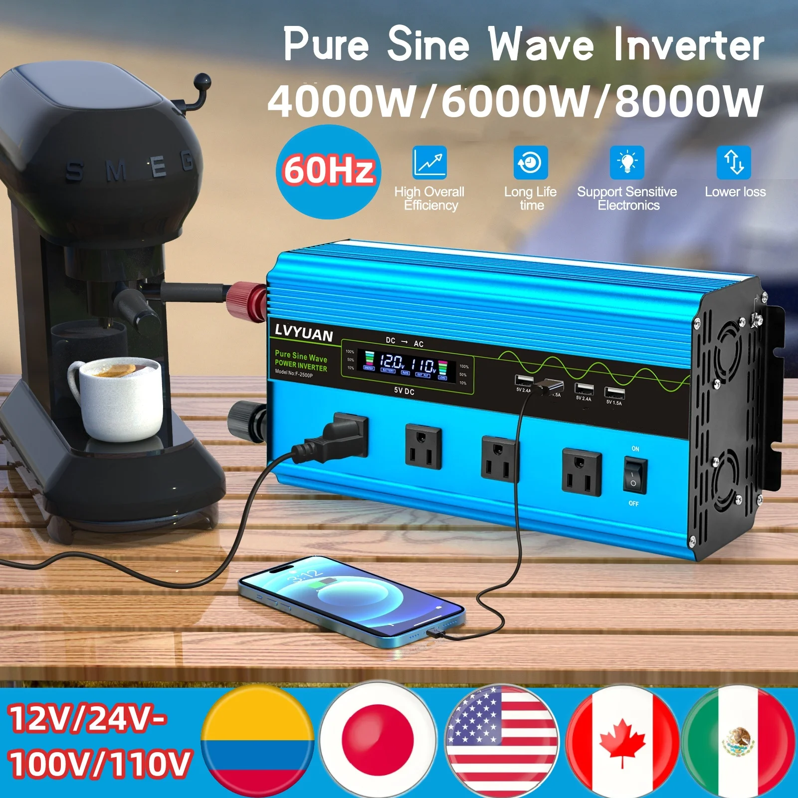 AC110V 120V Inverter Pure Sine Wave 60Hz 4*USB Sockets 4kW/6kW/8kW Outdoor Caravan Travel Car Inversor Silent Fans