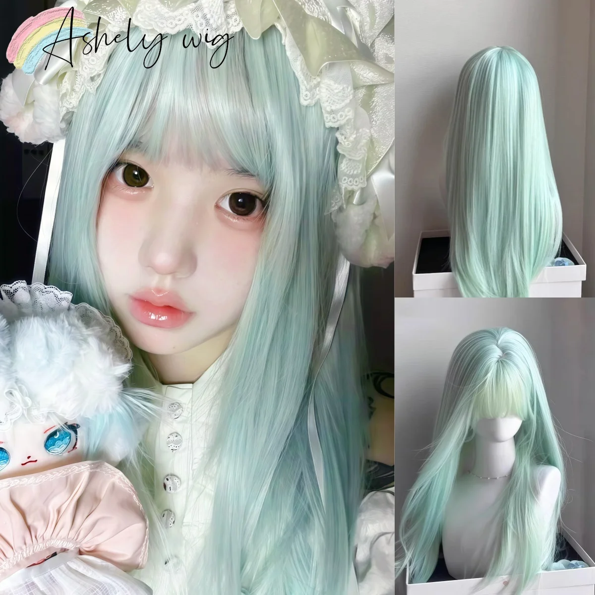 Ashely Lolita Wig 24inch Mint Green Long Straight Hair Wig with Bangs High Temperature Fibers  Headband Wigs Deguisement Femmes