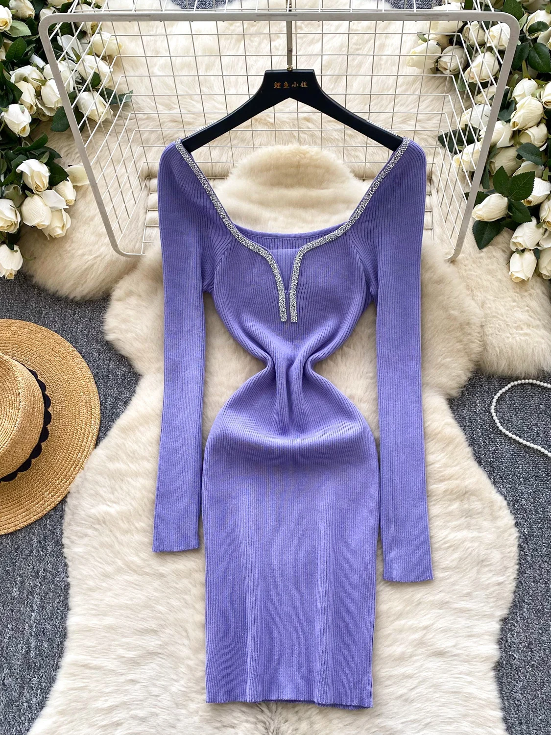 Ele gestrickter langer Sve Dr mit schwerer Verzierung, figurbetonter Rock mit hoher Taille und quadratischem Kragen für Damen, Faion Ci Commuting