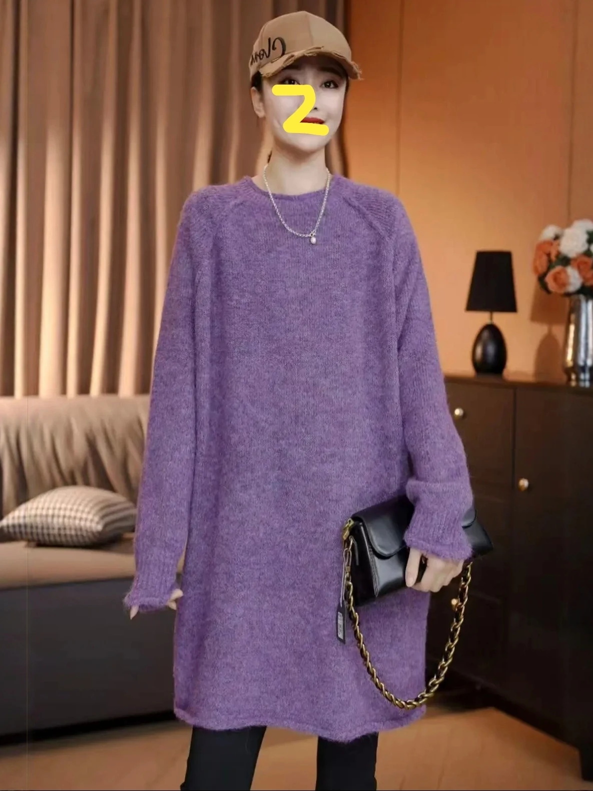 

plus Size Lazy Sle Purple round Ne Knitted Sweater Women's Loose Long Warm Thermal Dr Easy to Wear Comfortable Cotton ...