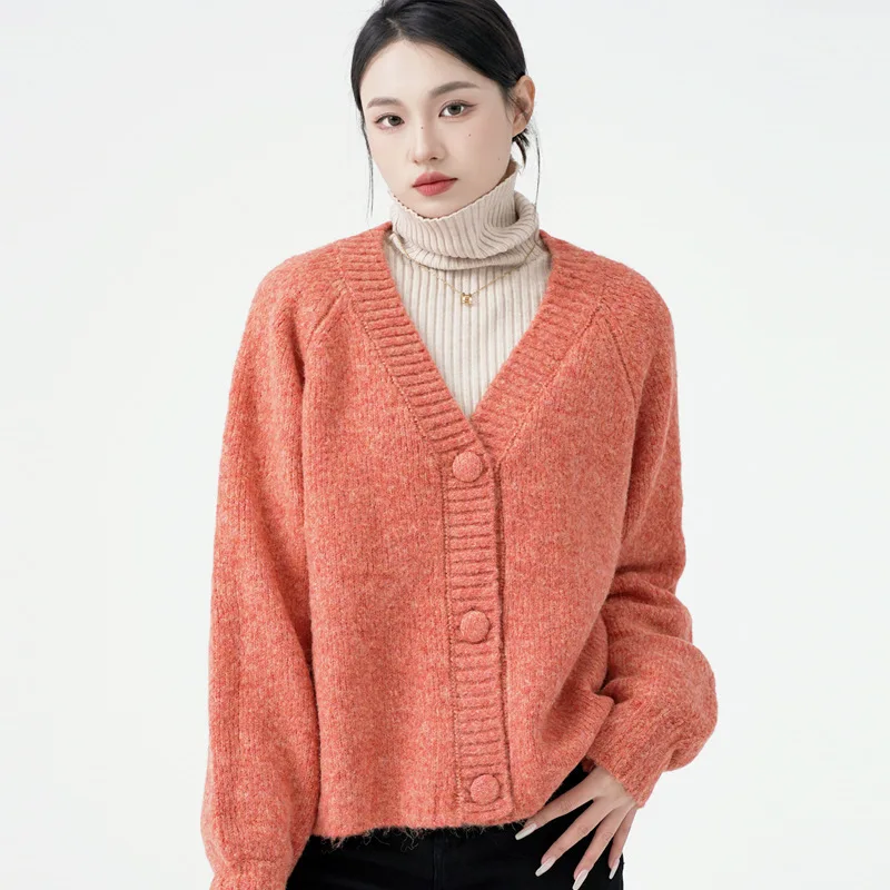 

Autumn Winter New Gentle Soft Sticky Knitted Cardigan Women Lazy Style Loose Slimming V-neck Temperament Orange Cardigan Sweater