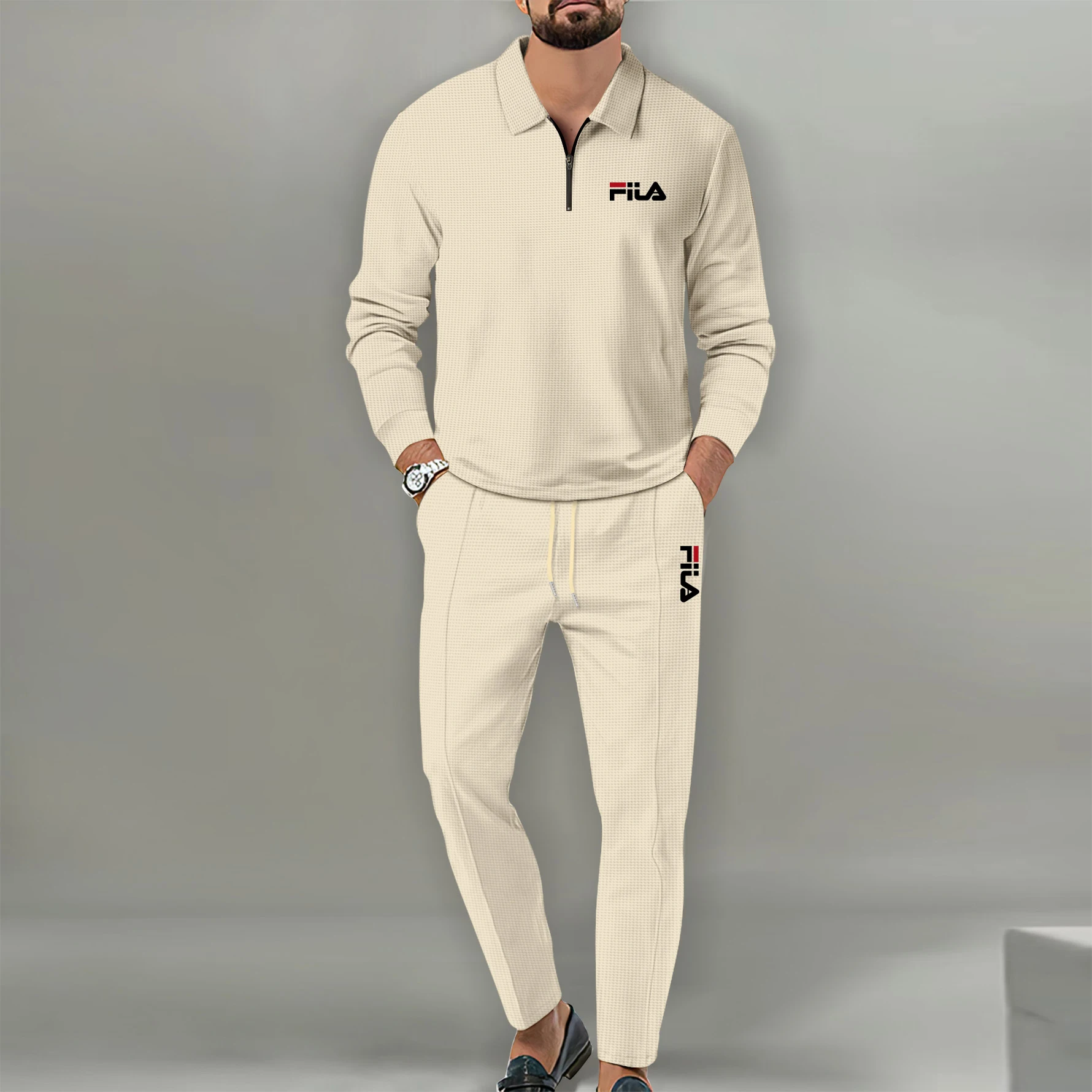 

Men's Waffle Knit Tracksuit, Long Sleeve Zip Polo & Drawstring Pants Set, Branded Casual Sportswear