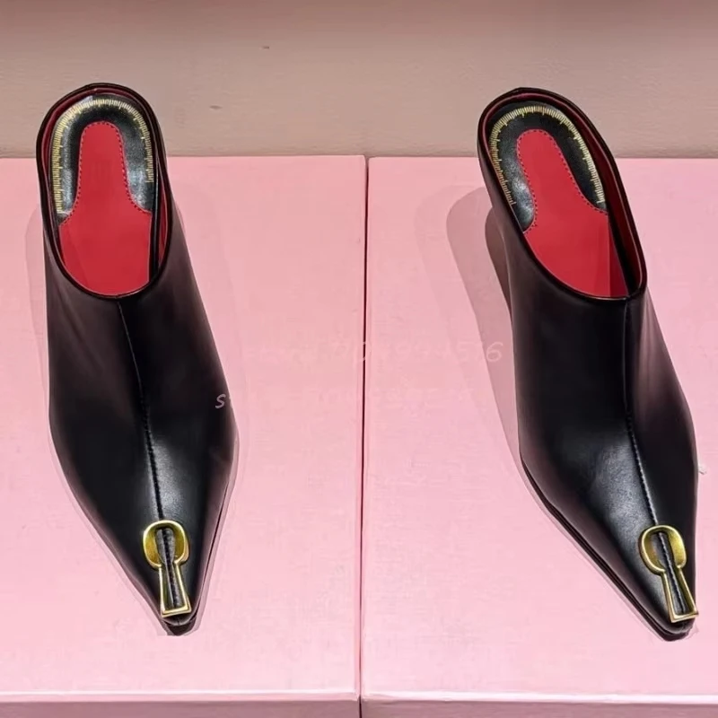 

Black Metal Buckle Pointed Outdoor Slippers Women White Leather Mules Stiletto High Heels Fashion Concise Party Summer Shoes New
