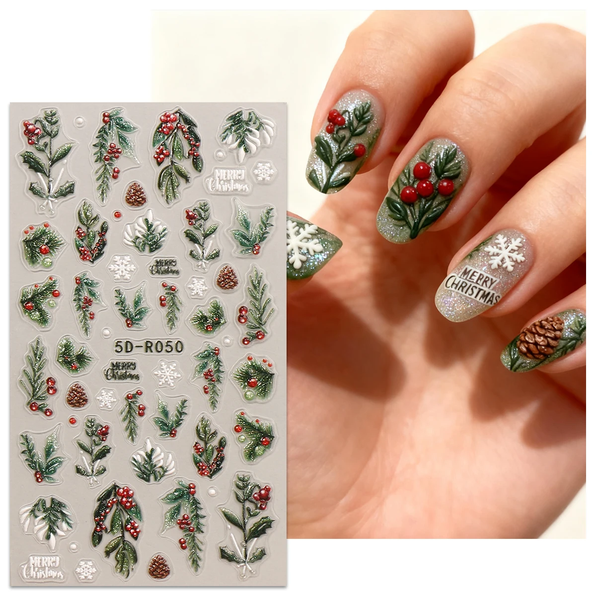 2 stücke winter Weihnachten grün blatt obst glitter geprägte nail art aufkleber, retro pastoralen thema, einfach anzubringen nagel dekoration,