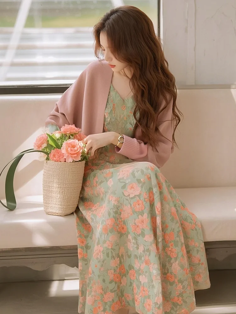 

plus Size Pink Open Cardigan And Strap Dress Two-Piece Set Elegant Spring Outfit High Waist A-Line Skirt Casual Comfortable