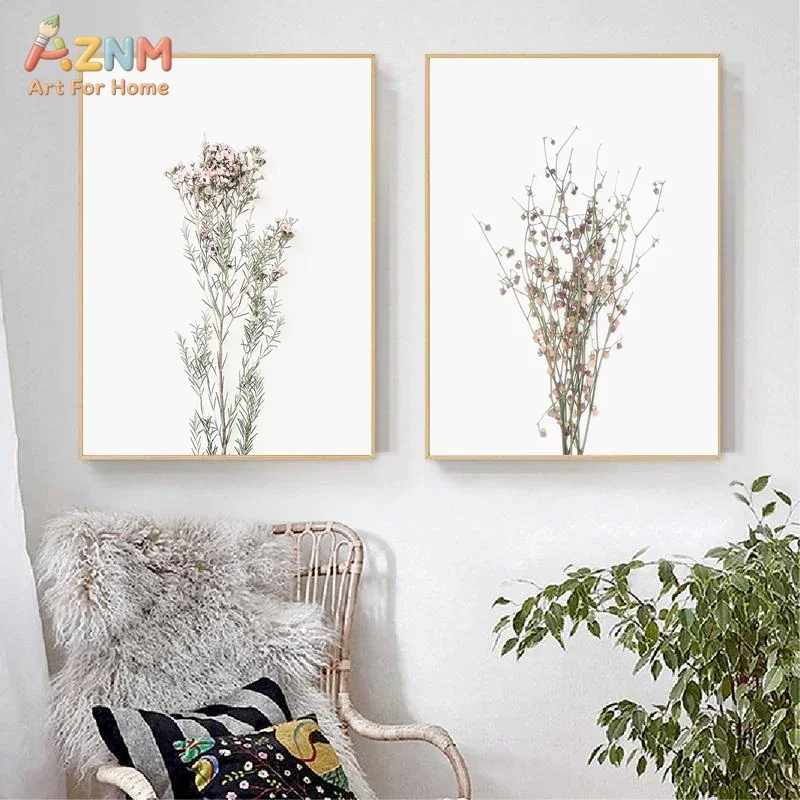 AZNM Minimalist Dried Wildflower Canvas Wall Art Neutral Gypsophila Floral Botanical Simple White Background Unframed Canvas Dec