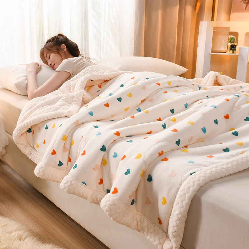 

Thickened Flannel Plaid Blanket Winter Printed Bed Quilt Lamb Velvet Sofa Blanket Children's Quilt Travel Blanket 1.2/1.5/1.8/2m