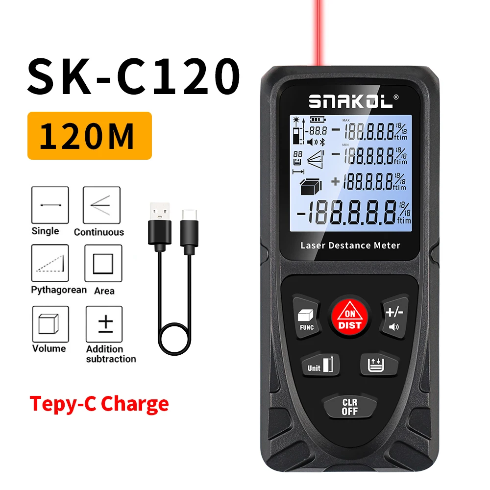 Snakol Laser Distance Meter 50M 70M 100M 120M Profesional Digital Rangefinder Roulette Ruler Laser Tape Measure with USB Charge