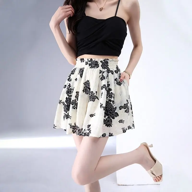 Women Summer Korean Fashion Loose Printing High Waist All-match Wide Leg Women Clothes Office Lady Appear Thin Trend Shorts