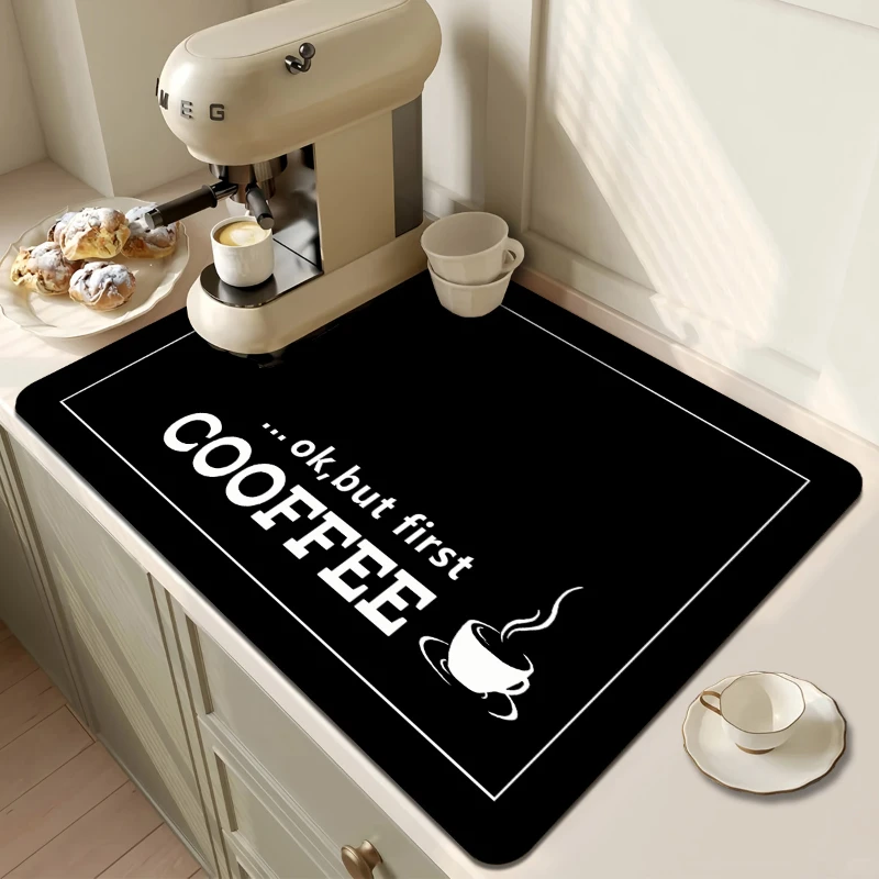 Ok But First Coffee Text Kitchen Drain Mat,Coffee Bar Counter,Kitchen Worktop,Non Slip,Quick Dry,Present