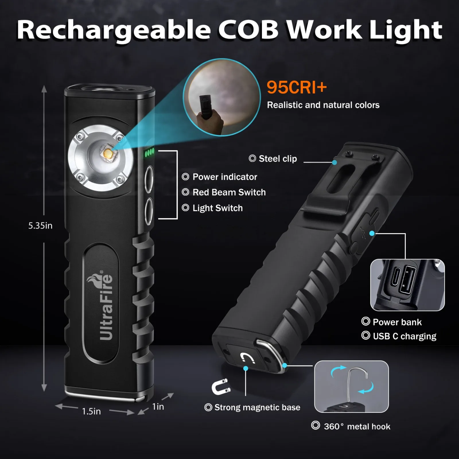 UltraFire UF-166 Powerful EDC Flashlight USB Rechargeable Lamp Portable Torch with Magnetic Power Bank Flood Work Repair Light