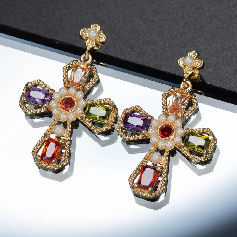 Women\\\'s Dangle Earrings Exquisite Luxury Female Jewelry Gift Multicolor Crystal Cross Earrings with Imitation Pearls