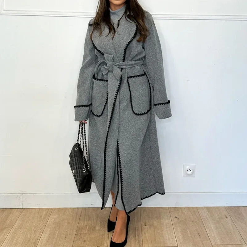 Autumn Windbreak Coats Women Warp Jackets Winter Trench Coat Embroidered Lape Lace-up Double-sided Tweed Coat Outwear Jackets
