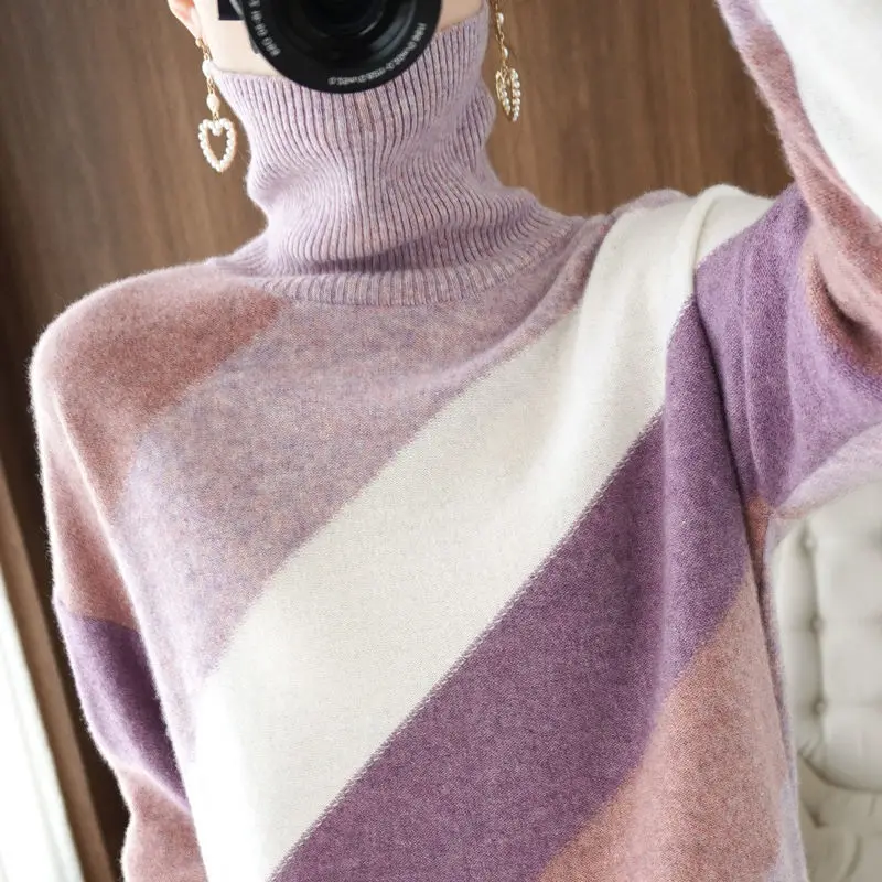 Autumn and Winter Women's Contrast Color High Neck Long Sleeve Loose Knitted Sweaters Jumpers Chic Fashion Office Lady Tops