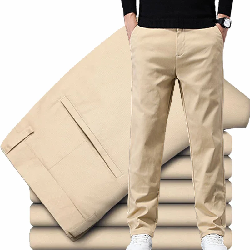 New Male Slim Fit Straight Blazer Loose Slight Strech Dark Blue Khaki Trousers Fashion Men Versatile Business Casual Suit Pants