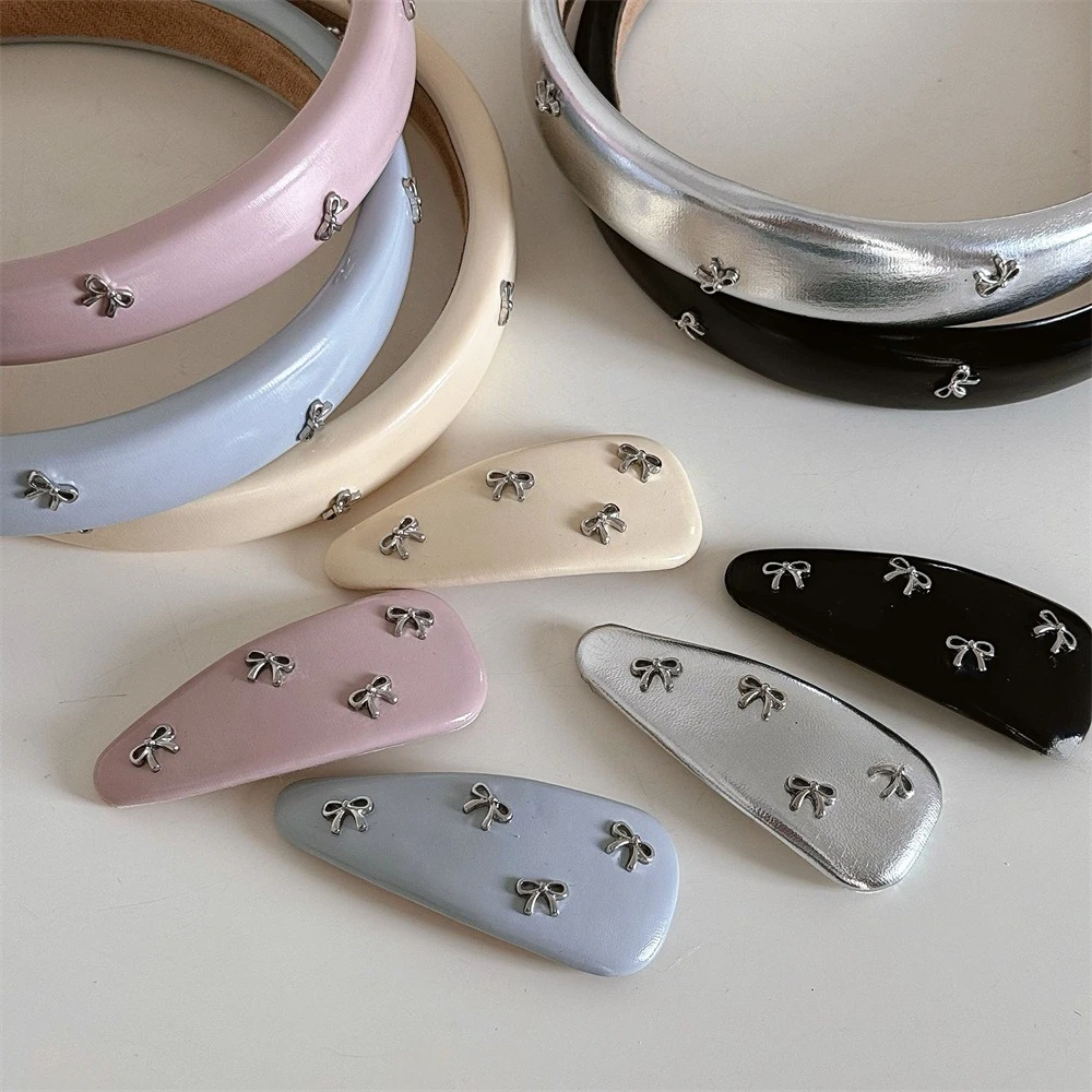 

Korean-Style Sweet Color Palette Girls' Silver Bow Leather Hair Clip Cute Bangs Clip for Short Hair Fringe Hair Accessory