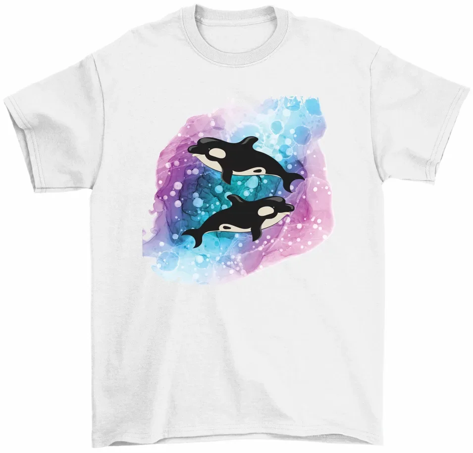 Twin Orcas Killer Whales Watercolor Sea Ocean T-Shirt Cool Animals Orca Gift Tee High Quality 100%Cotton Short Sleeve