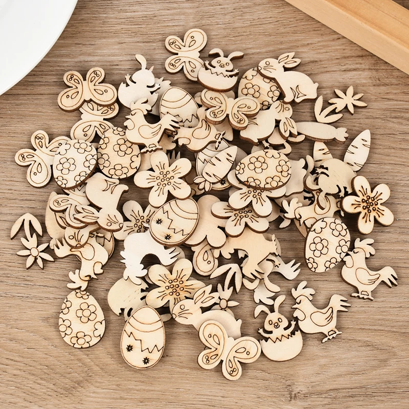 50/100 Stück Ostern Holzhandwerk Ornament Kaninchen Eier Kinder Malerei DIY Holzscheibe 2025, Frühling Ostern Party Home Tischdekoration – Detail 2