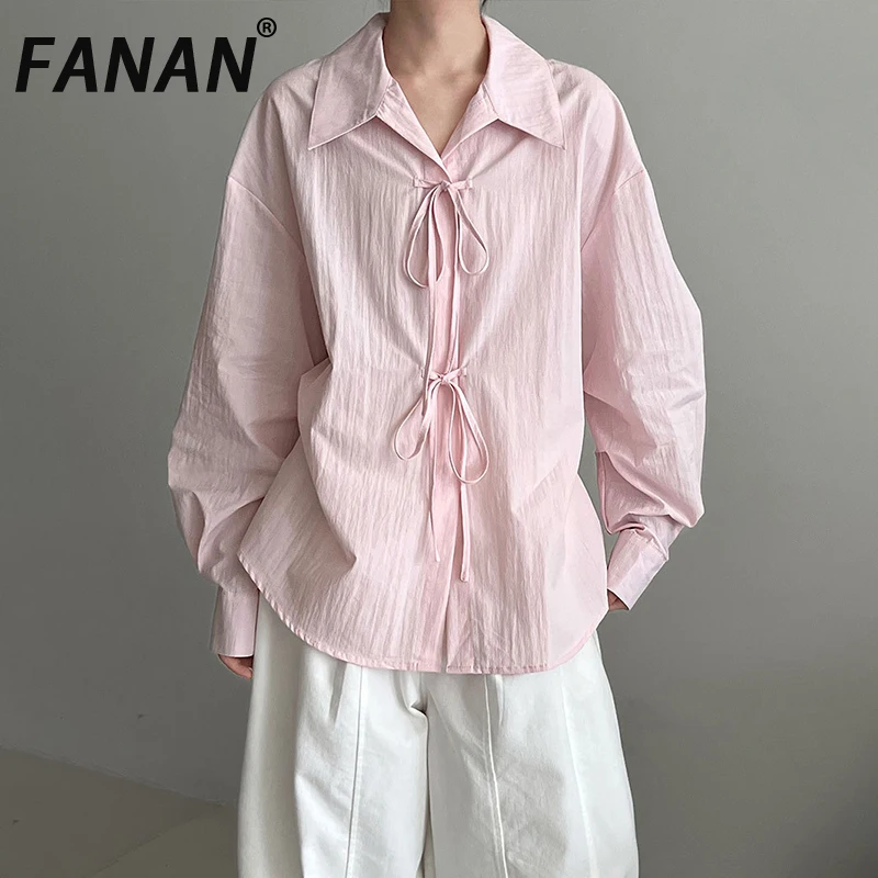 

FANAN Elegant Drawstring Long Sleeve Shirts Women's Lapel Single Breasted Office Lady Loose Blouses Female Tops 2025 Autumn New