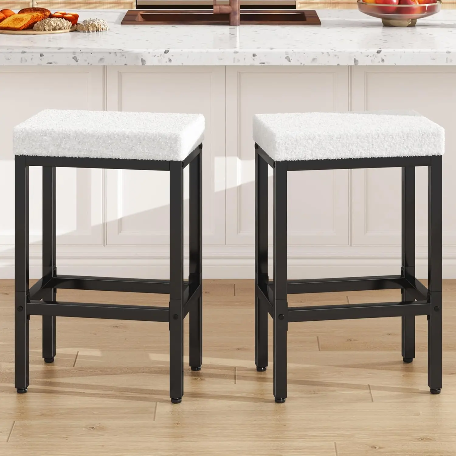 

26 Inch Counter Height Bar Stools Set of 2, White Modern Kitchen Barstools with Metal Leg, Bar Stool Chairs for Kitchen