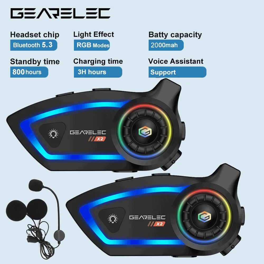 

GEARELEC X2 Motorcycle Helmet Bluetooth Headset Hands Free Call IPX67 Waterproof 2000mAh Headset Speakers HiFi Stereo RGB Light