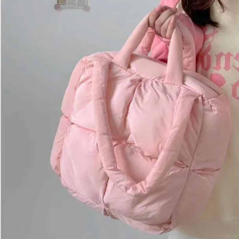 

JIAERDI Sweet Cute Pink Tote Bag Women Puffed Checkerboard Soft Shoulder Bags Ladies Square Large Capacity Pillow Underarm Bag