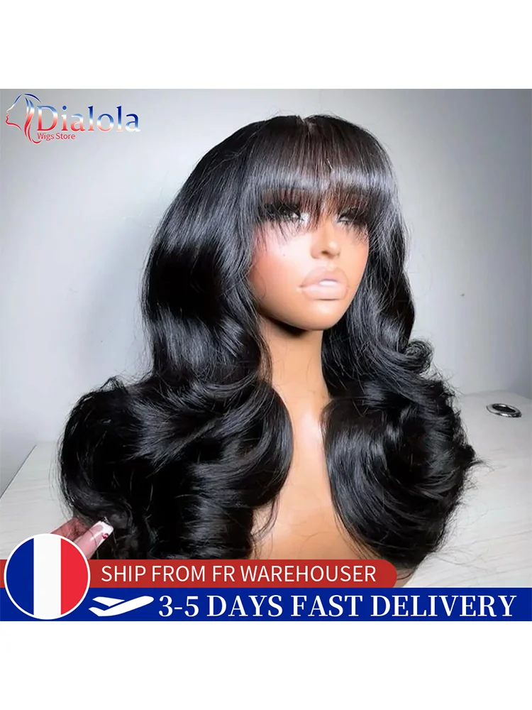 Perruques Dialola Body Wave en cheveux humains avec frange, perruque en dentelle 3x1 avec raie au milieu, pré-épilée, sans colle, fabriquée à la machine