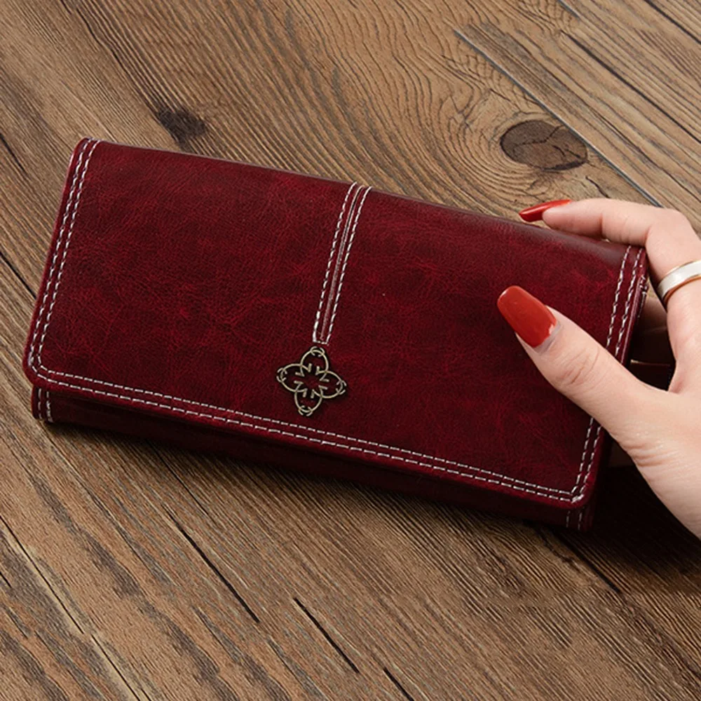 Portefeuille pliant étanche avec blocage RFID, cire d'huile, cuir PU pour femme, Long sac à main avec plusieurs fentes pour cartes, boucle
